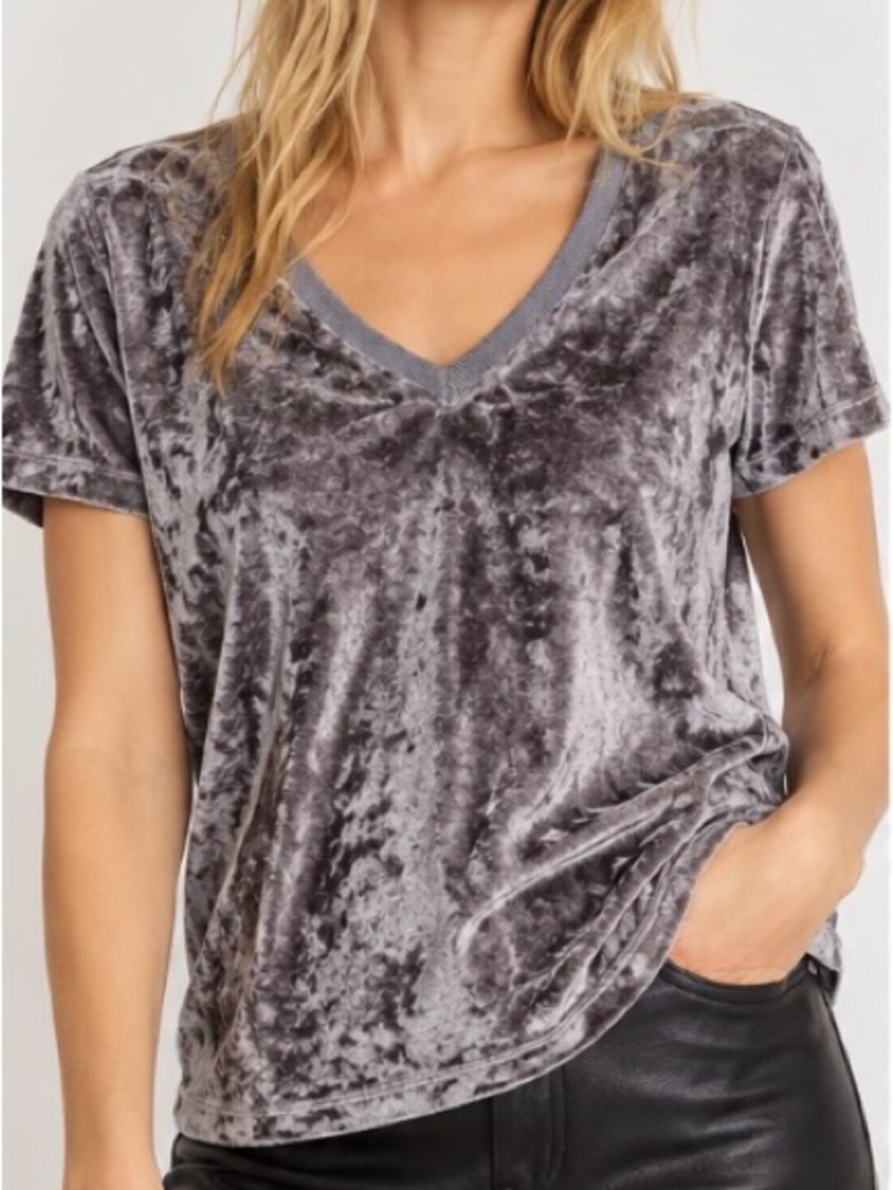 Anthropologie Michael Stars Vali Crushed Velvet V-Neck Tee 🩶 RETAIL $98